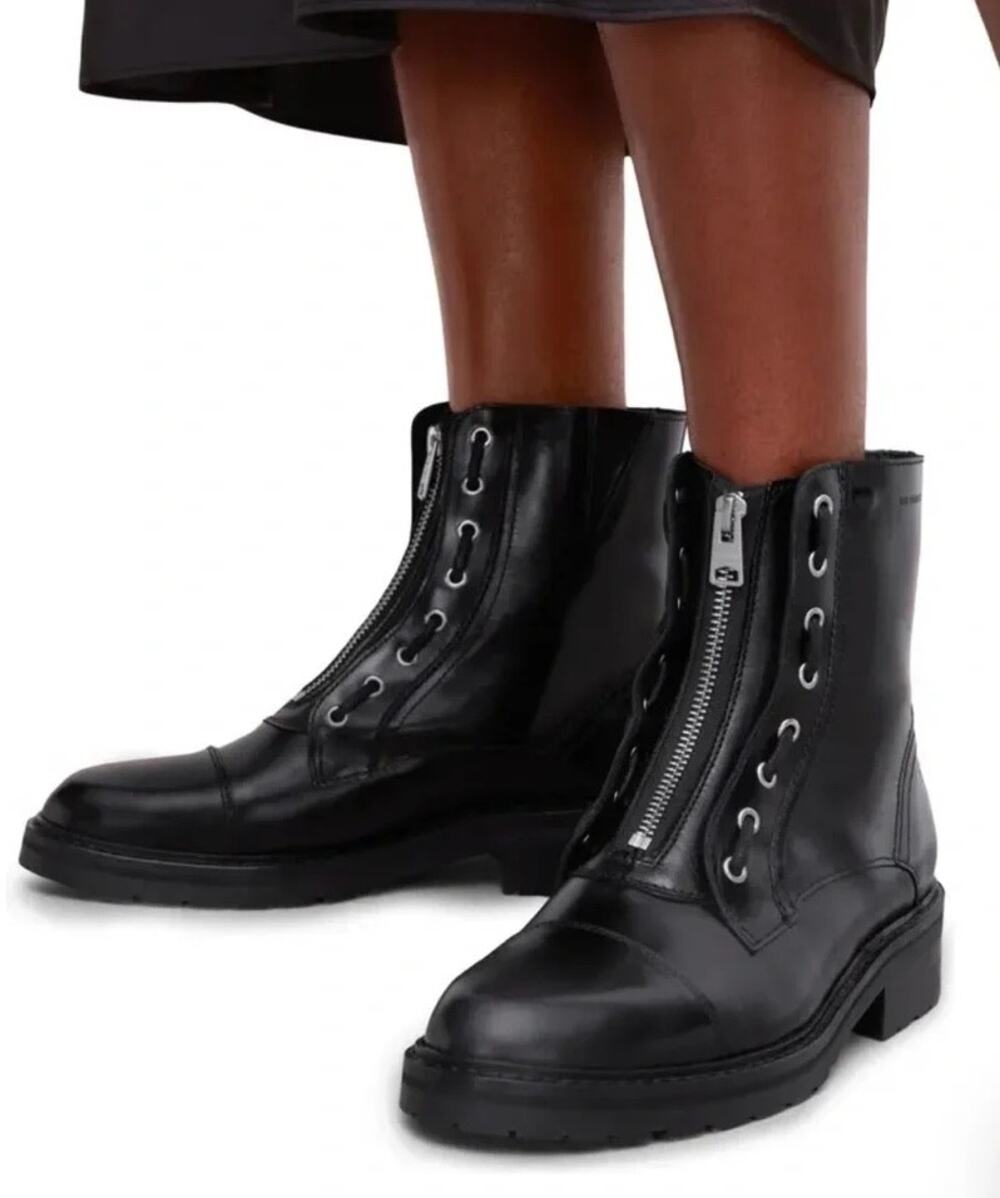 AllSaints Alaria Black Leather Front Zip Combat Boots Moto Lug Sole EU 35 US 5